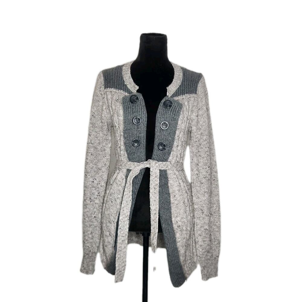 BKE Belted Open Front Cardigan Sweater L Wool Alpaca Cable Knit Boho